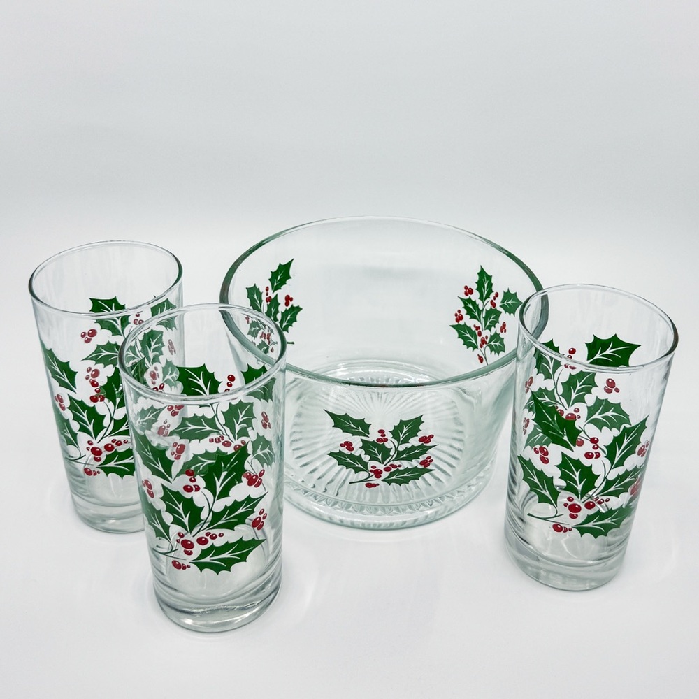 Vintage Holly Berry Ice Bucket & Tumblers Set – Style of Indiana Glass Holiday